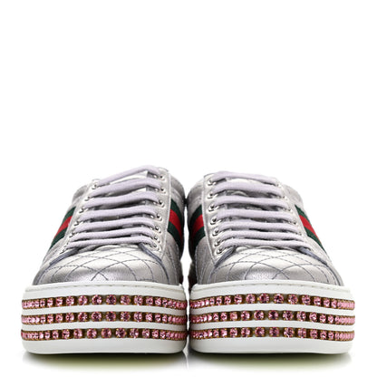 Gucci Laminated Nappa Crystal Web Bee Embroidered Trapuntata Womens Ace Platform Sneakers 37 Argento 2 of 4