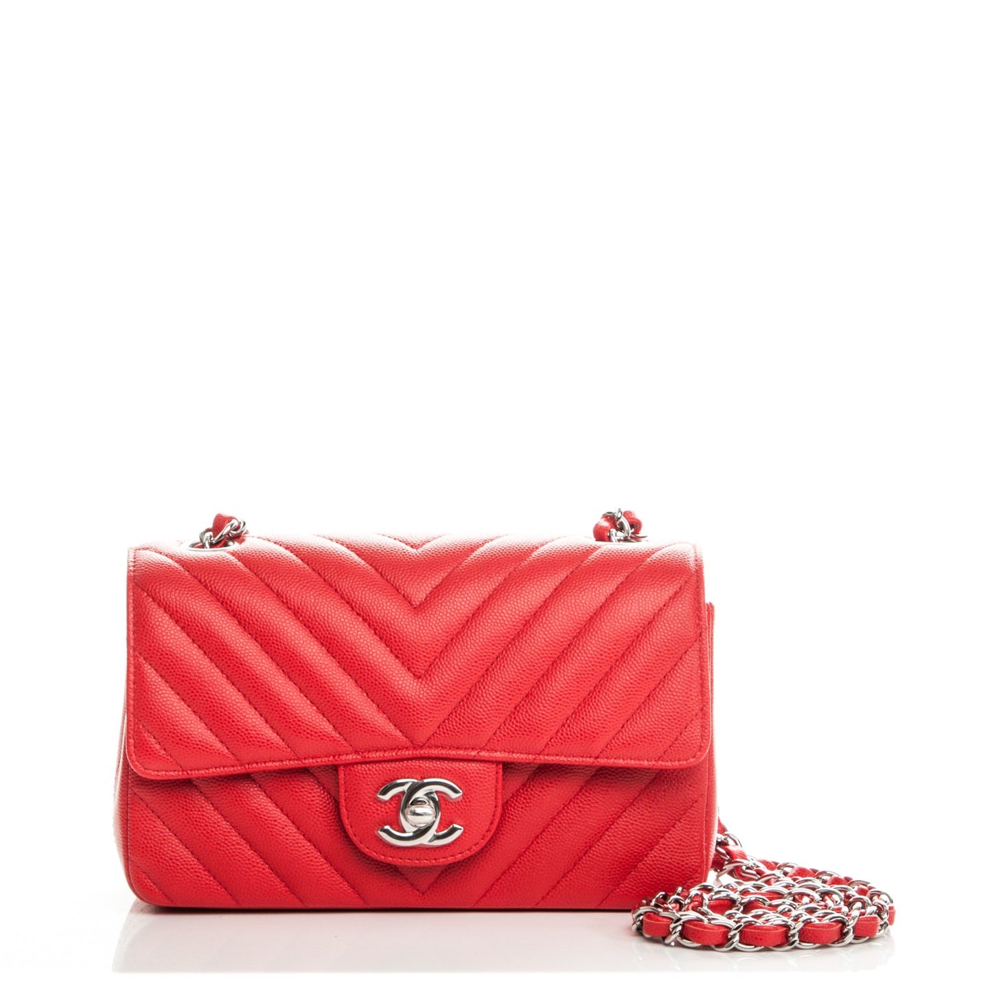 Caviar Chevron Quilted Mini Rectangular Flap Red