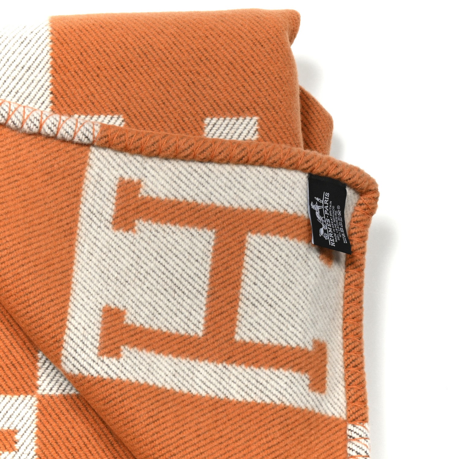 Hermes Wool Cashmere Signature Classic Avalon Blanket Ecru Potiron 2 of 3