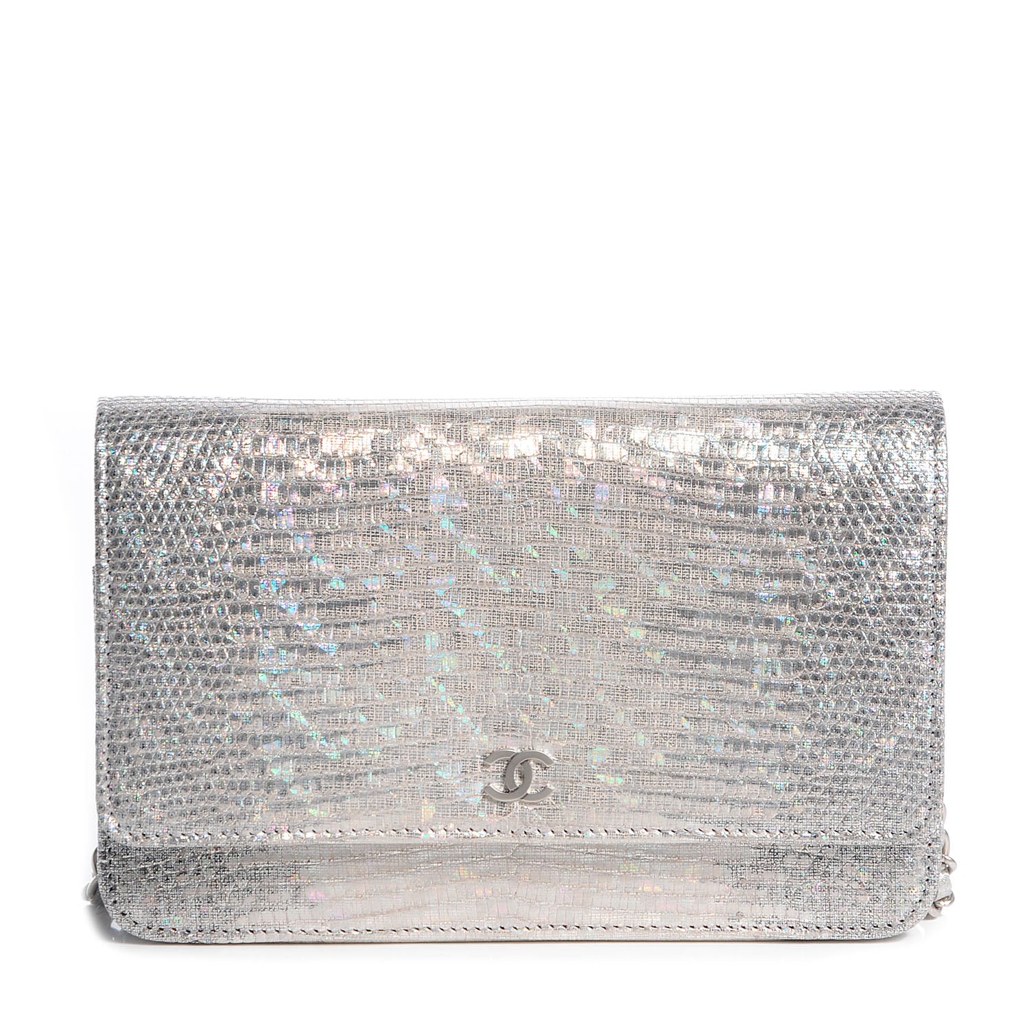 Chanel Iridescent Lizard Embossed Wallet on Chain WOC Silver 1 of 8