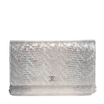 Chanel Iridescent Lizard Embossed Wallet on Chain WOC Silver 1 of 8