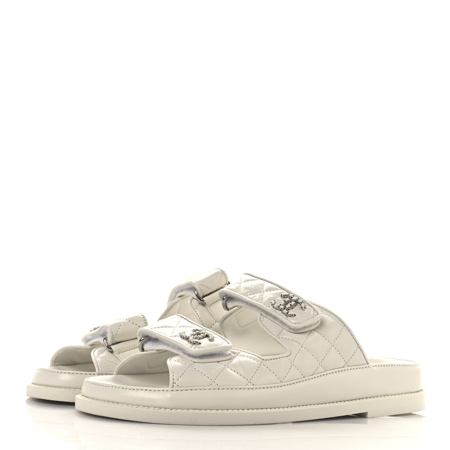 Chanel Lambskin Quilted Velcro Dad Chain CC Slide Sandals 38 White 4 of 9