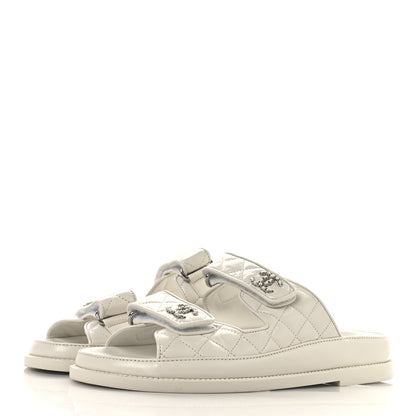 Chanel Lambskin Quilted Velcro Dad Chain CC Slide Sandals 38 White 4 of 9