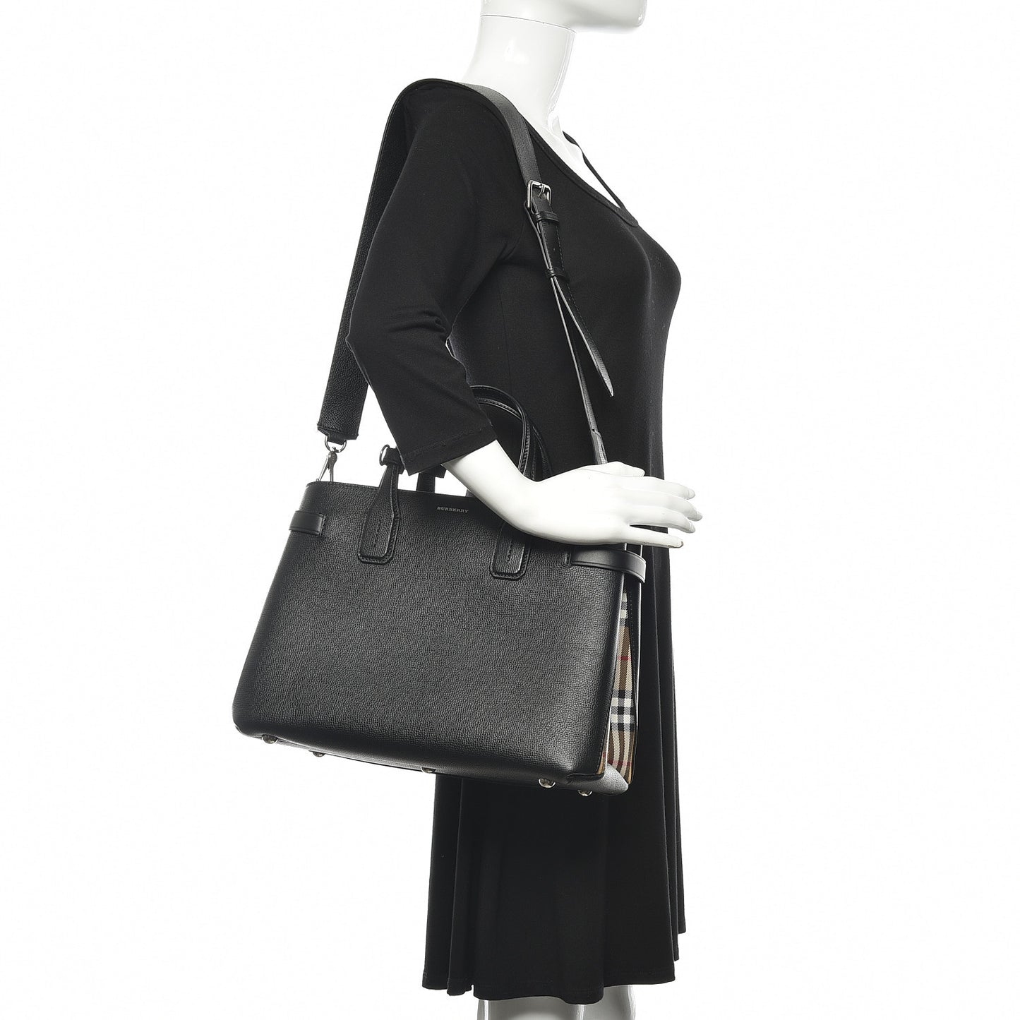 Grainy Calfskin House Check Medium Banner Tote Black