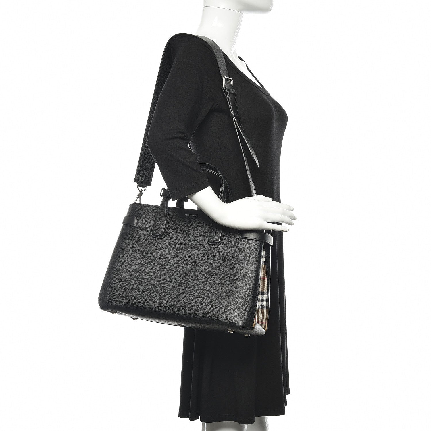Burberry Grainy Calfskin House Check Medium Banner Tote Black 2 of 10