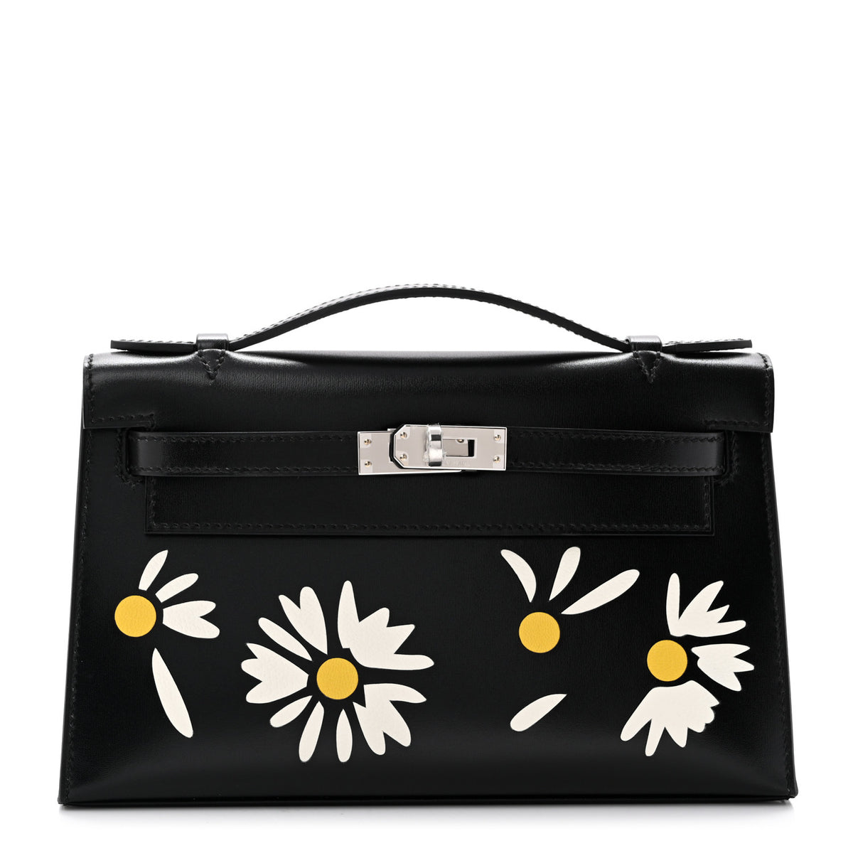 Hermes Box Marquetry Daisies Kelly Pochette Clutch Black White Jaune De Naples 1 of 10