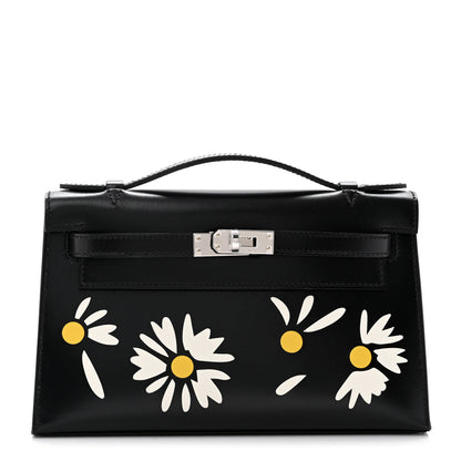 Hermes Box Marquetry Daisies Kelly Pochette Clutch Black White Jaune De Naples 1 of 10