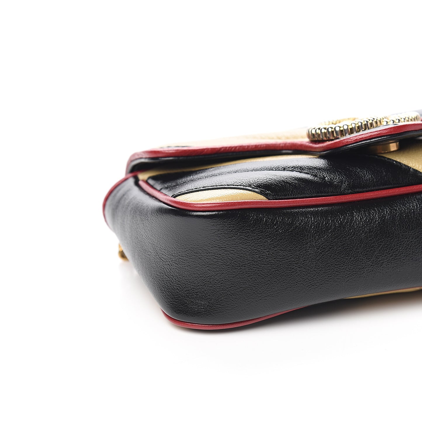 Vintage Effect Calfskin Matelasse Diagonal Striped Super Mini Torchon GG Marmont Shoulder Bag Black Beige