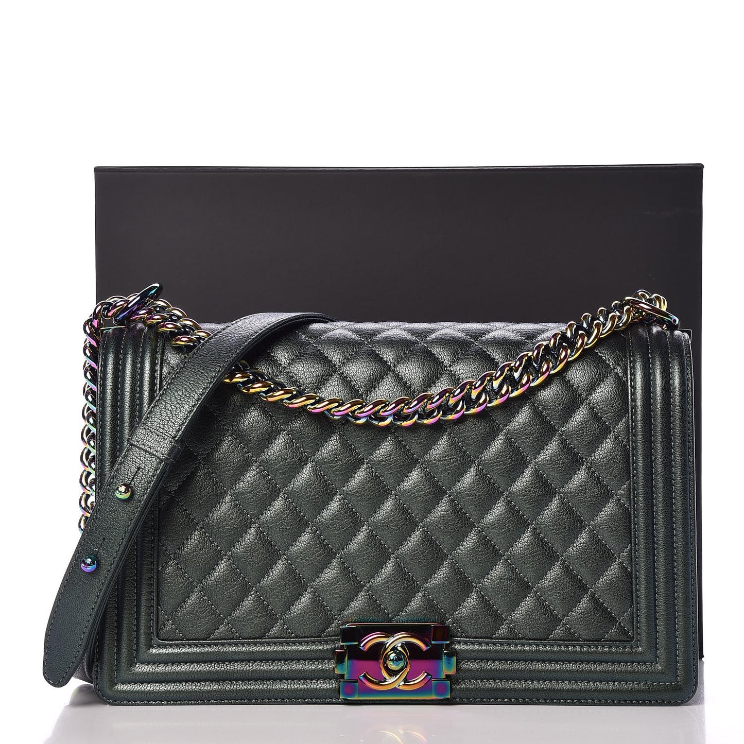 Iridescent Goatskin Quilted New Medium Boy Flap Green