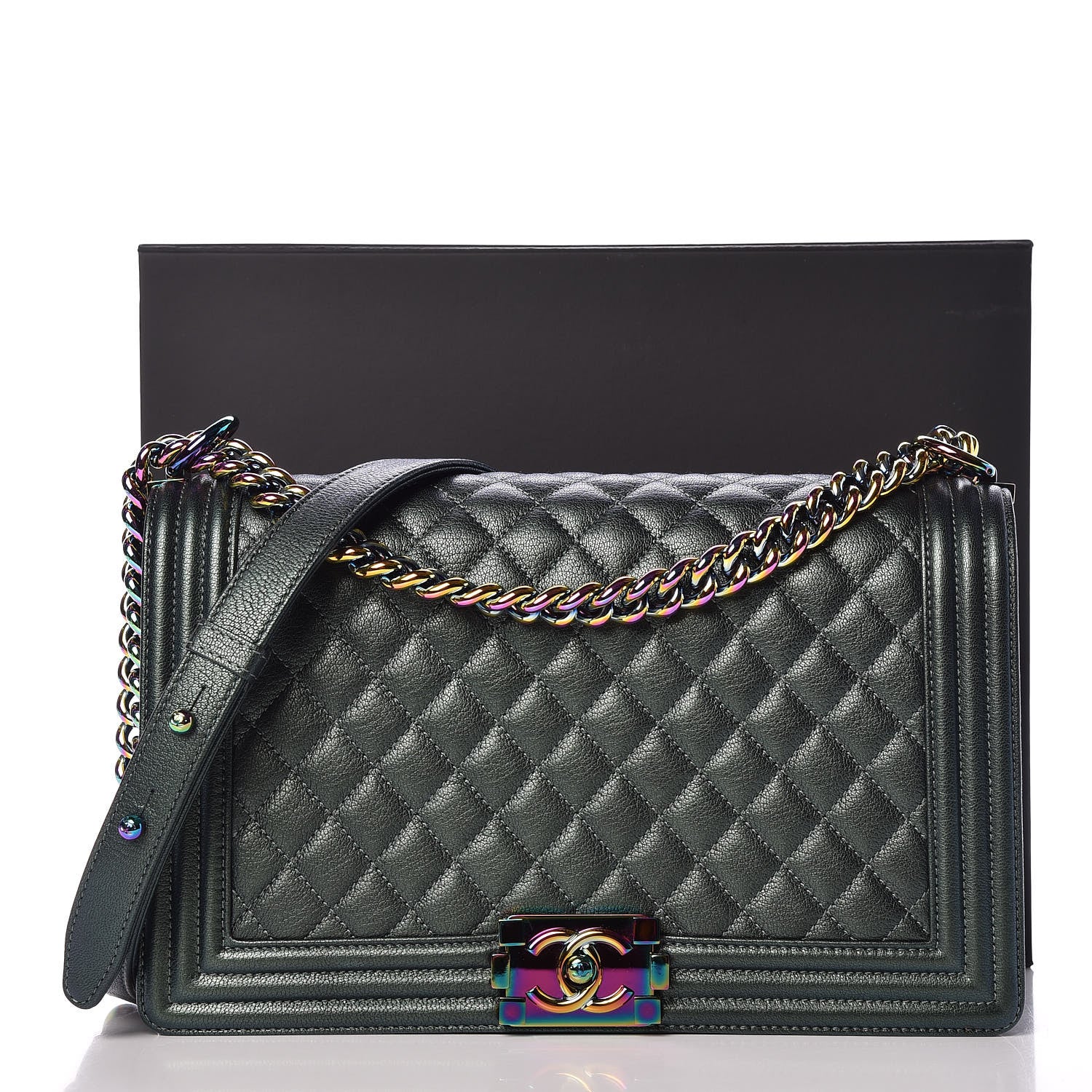 Chanel Iridescent Goatskin Quilted New Medium Boy Flap Green 10 of 10