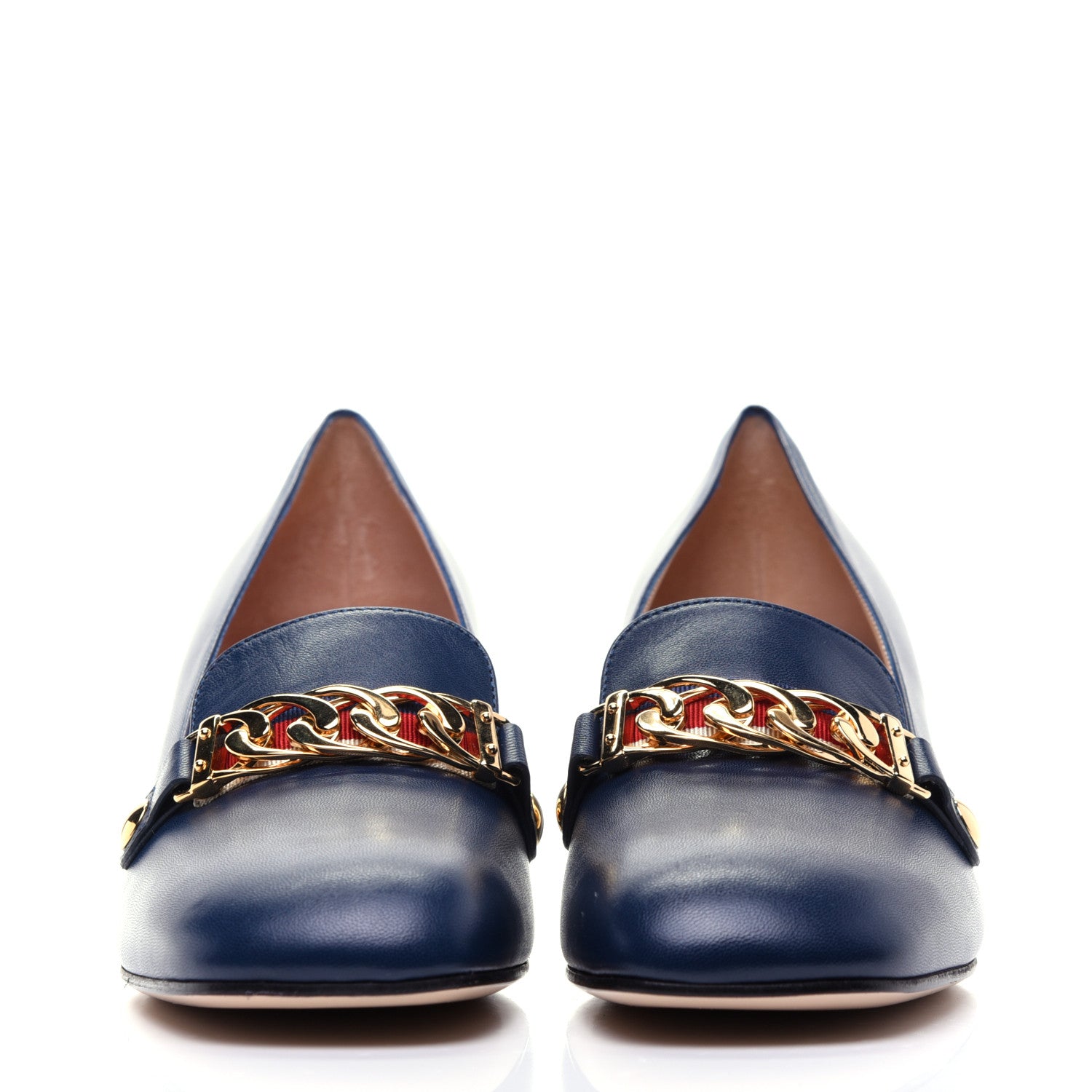 Gucci Malaga Kid Sylvie Web Chain Mid Heel Loafers 39 Blue Agata 2 of 11