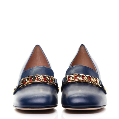 Gucci Malaga Kid Sylvie Web Chain Mid Heel Loafers 39 Blue Agata 2 of 11