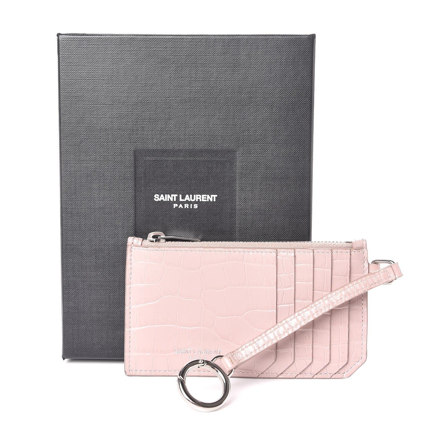 Saint Laurent Calfskin Crocodile Embossed 5 Fragments Zip Pouch Card Holder Rose Antic 13 of 13