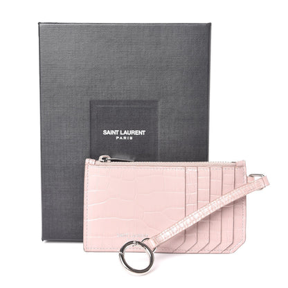 Saint Laurent Calfskin Crocodile Embossed 5 Fragments Zip Pouch Card Holder Rose Antic 13 of 13