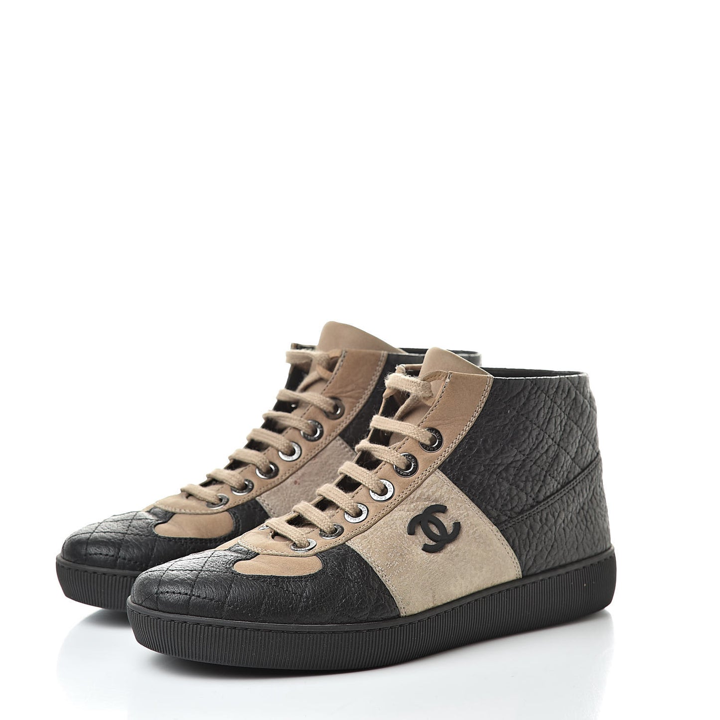 Washed Lambskin Quilted Lace Up CC Sneakers 39.5 Black Beige