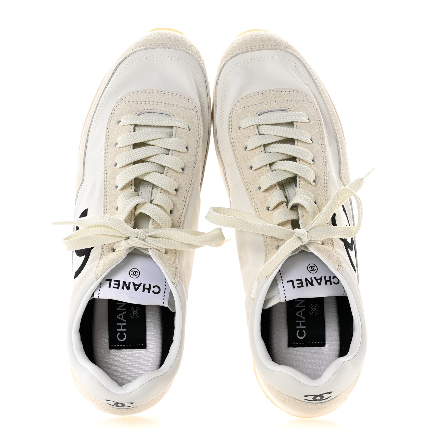 Chanel Fabric Embossed Suede Calfskin Womens CC Sneakers 38.5 White Black 2 of 10