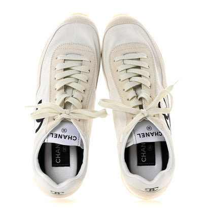 Chanel Fabric Embossed Suede Calfskin Womens CC Sneakers 38.5 White Black 2 of 10
