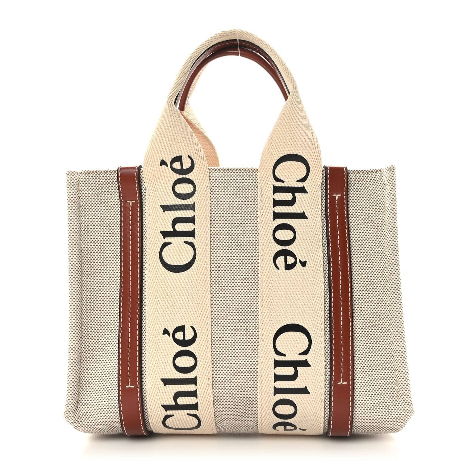 Chloe Cotton Calfskin Small Woody Ribbon Tote White Brown 1 of 8