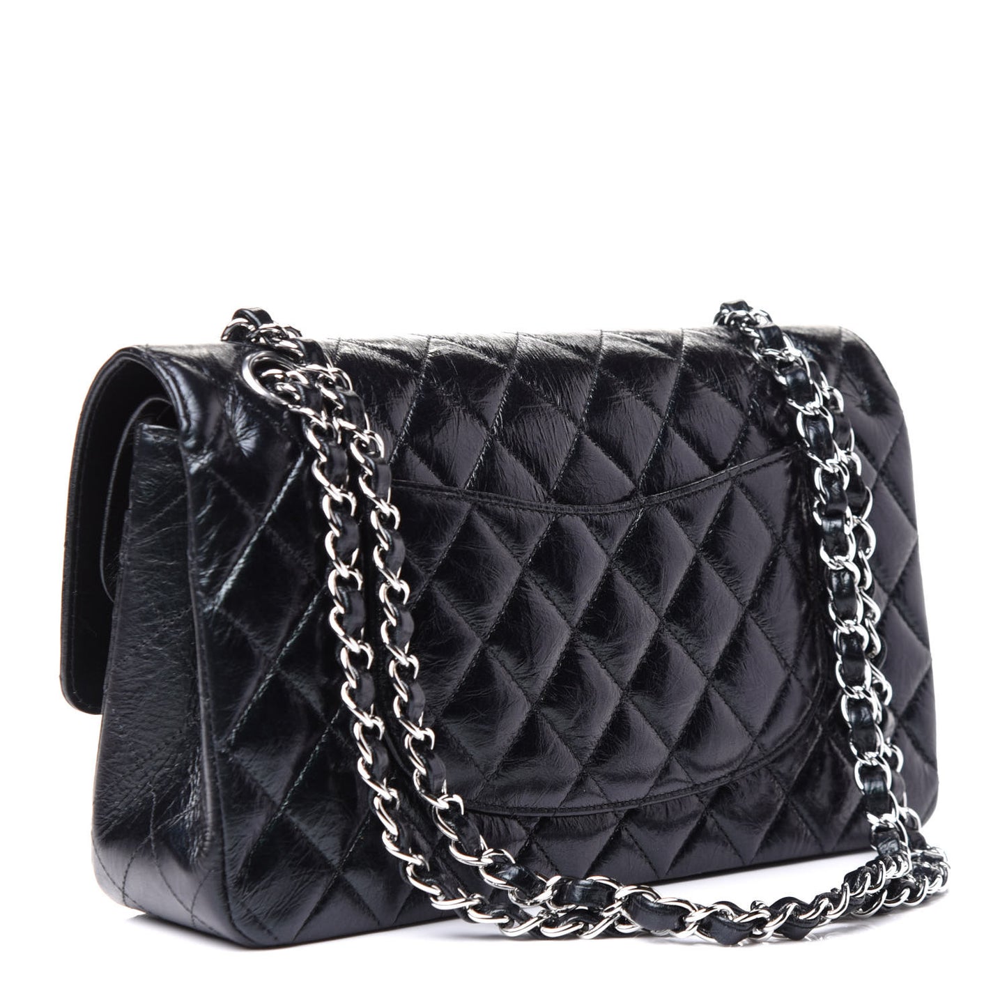 Iridescent Crumpled Calfskin Quilted Medium Double Flap Black