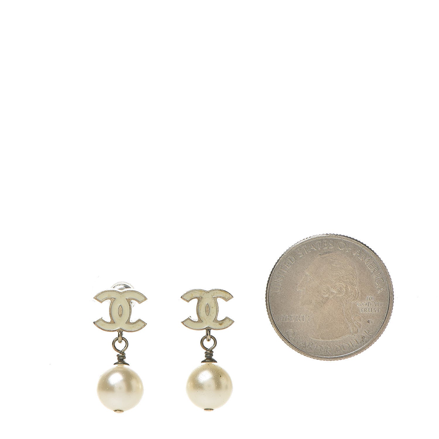 Chanel Pearl Enamel CC Drop Earrings White Gold 2 of 4
