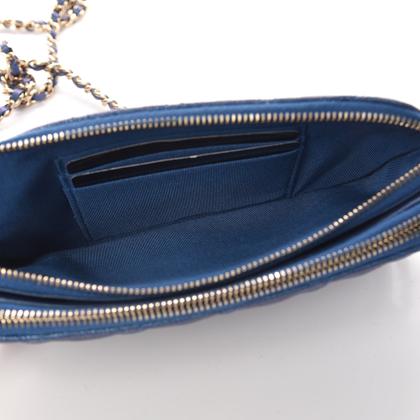 Iridescent Caviar Quilted Clutch With Chain Dark Blue