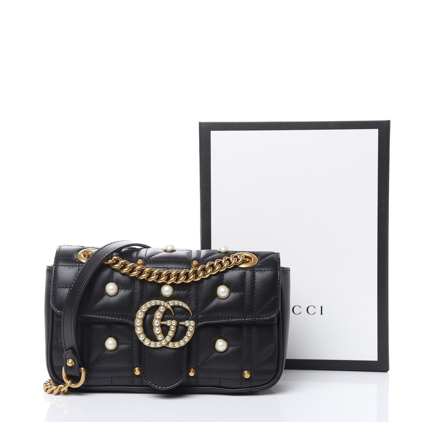 Calfskin Matelasse Studded Mini Pearly GG Marmont Shoulder Bag Black
