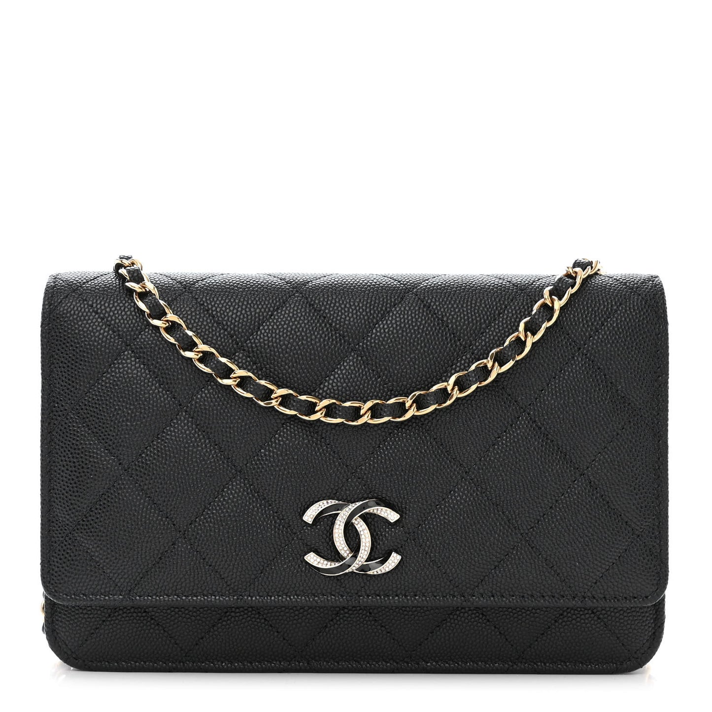 Caviar Quilted Crystal Enamel CC Wallet On Chain WOC Black