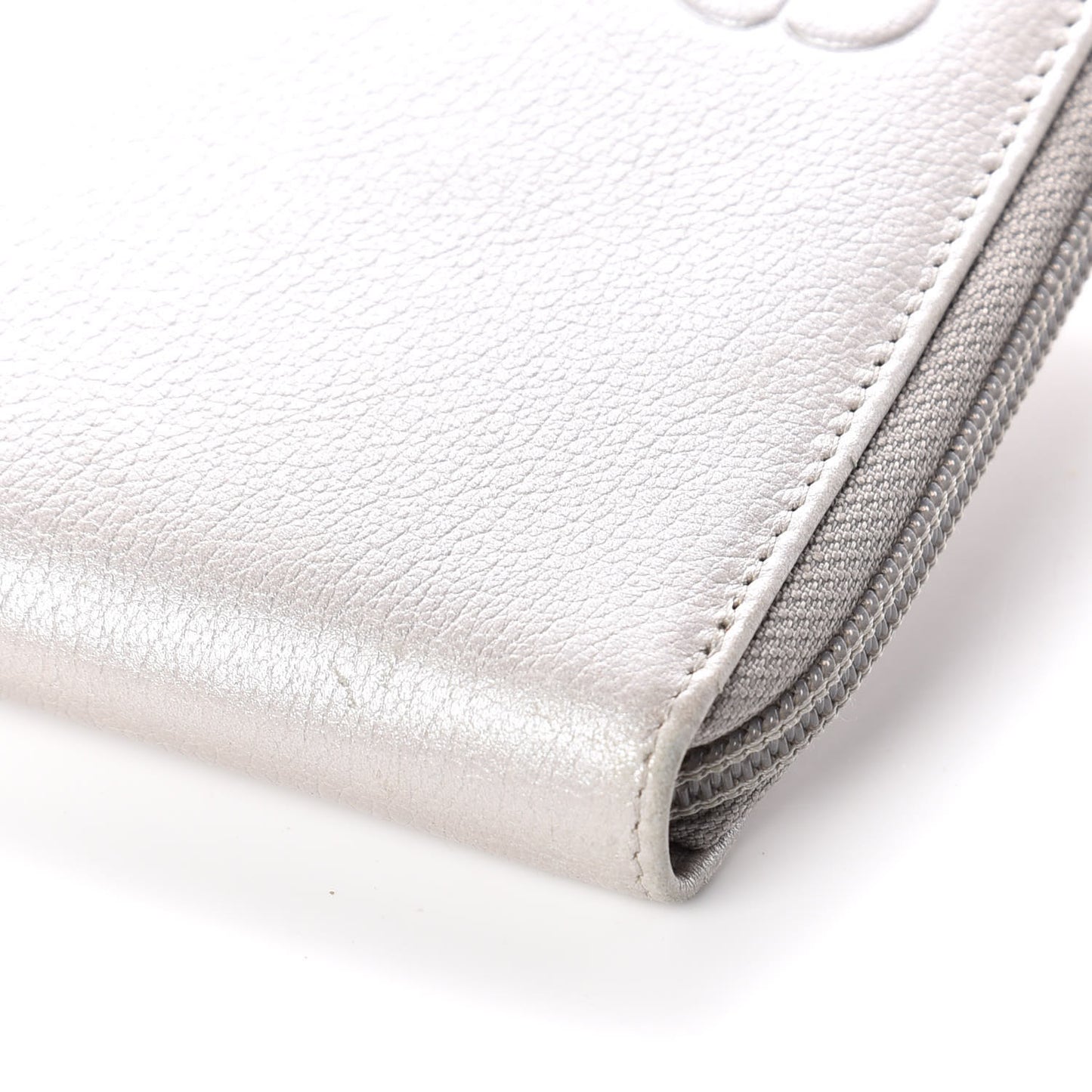 Goatskin Camellia Embossed Zip Around Wallet Silver