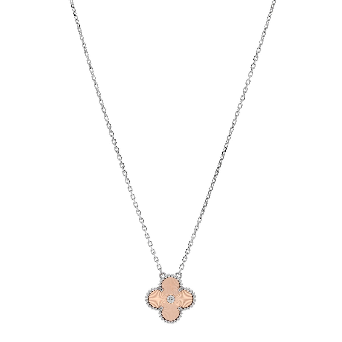 Van Cleef & Arpels 18K White Rose Gold Diamond Guilloche Vintage Alhambra Pendant Necklace 1 of 6