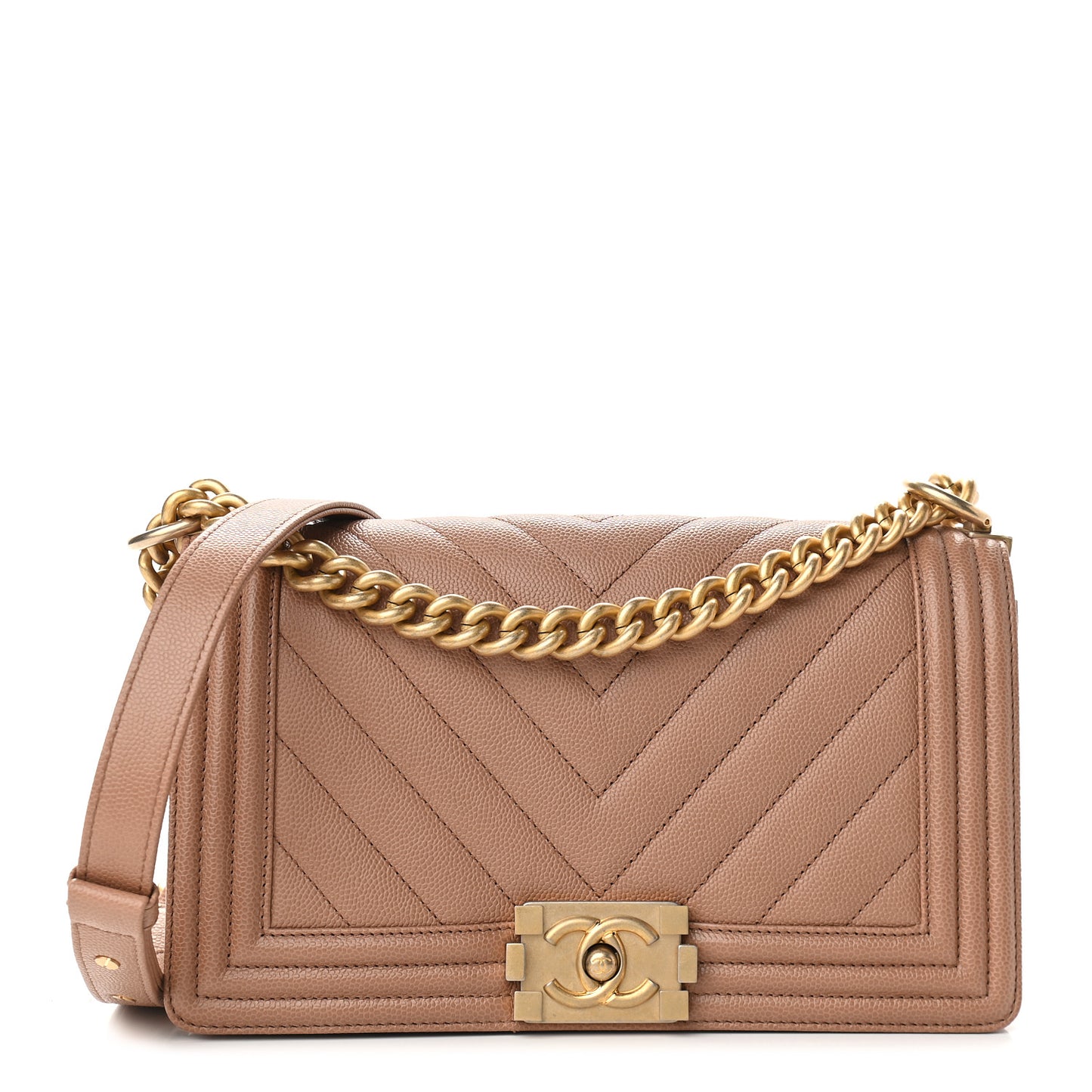 Caviar Chevron Quilted Medium Boy Flap Dark Beige