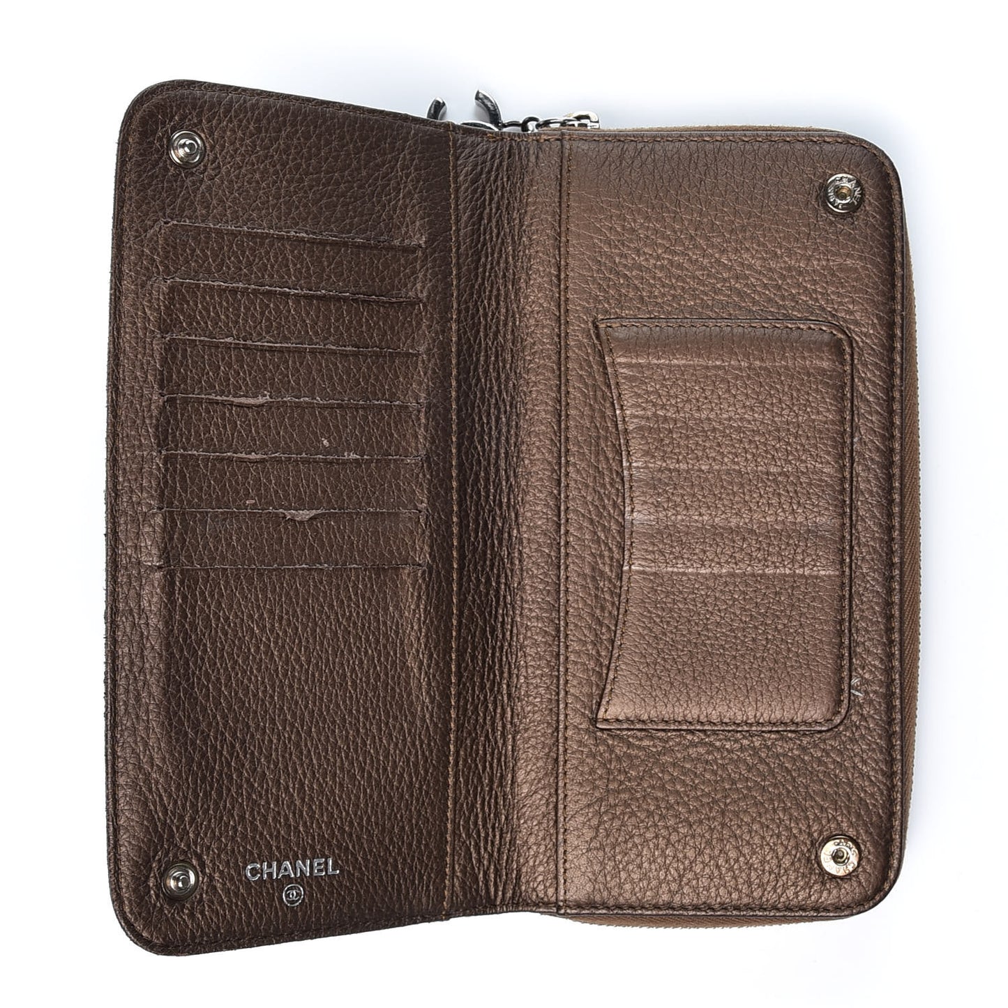 Metallic Calfskin Chain Zip Around Wallet Brown