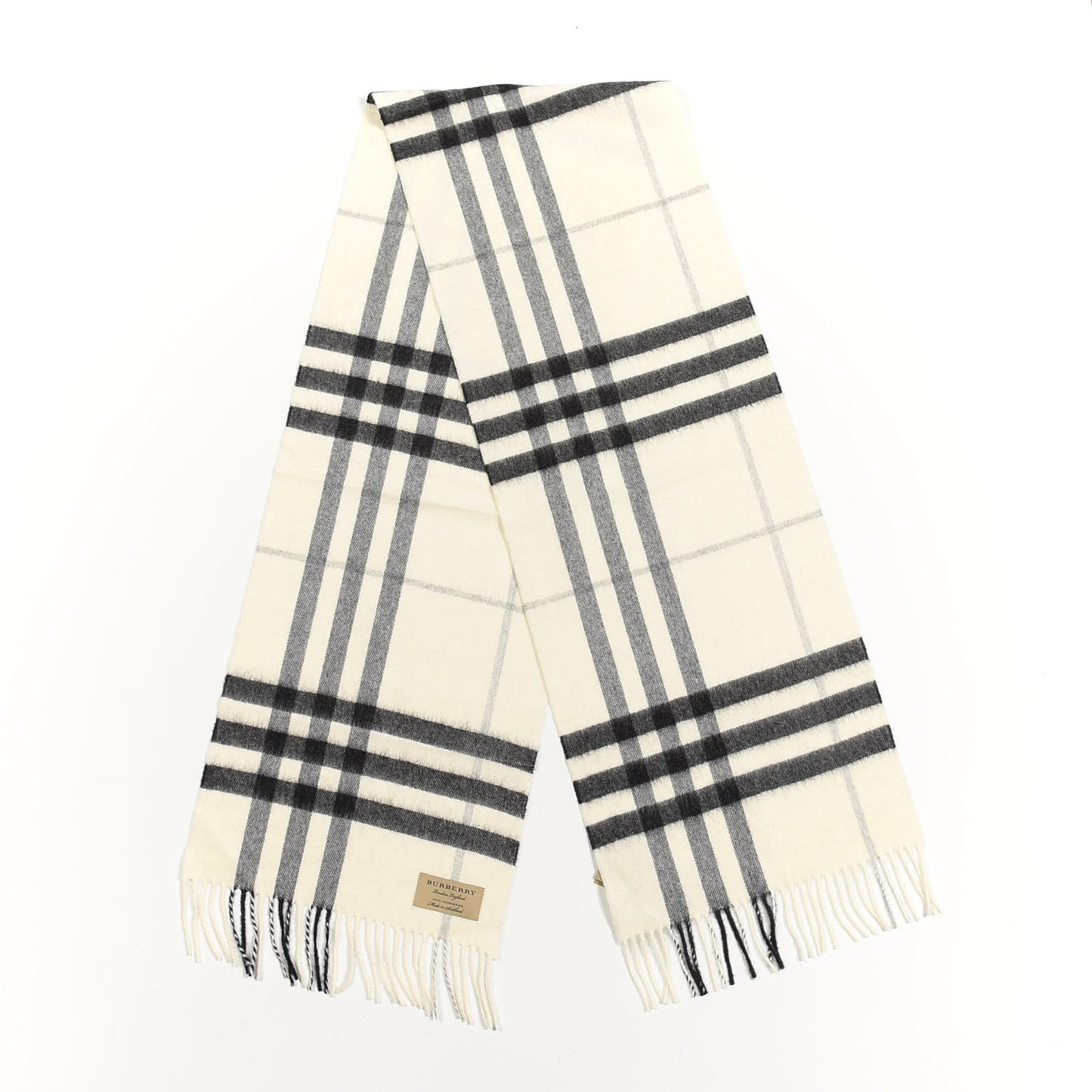 Cashmere Giant Check Icon Stripe Fringe Scarf Natural White