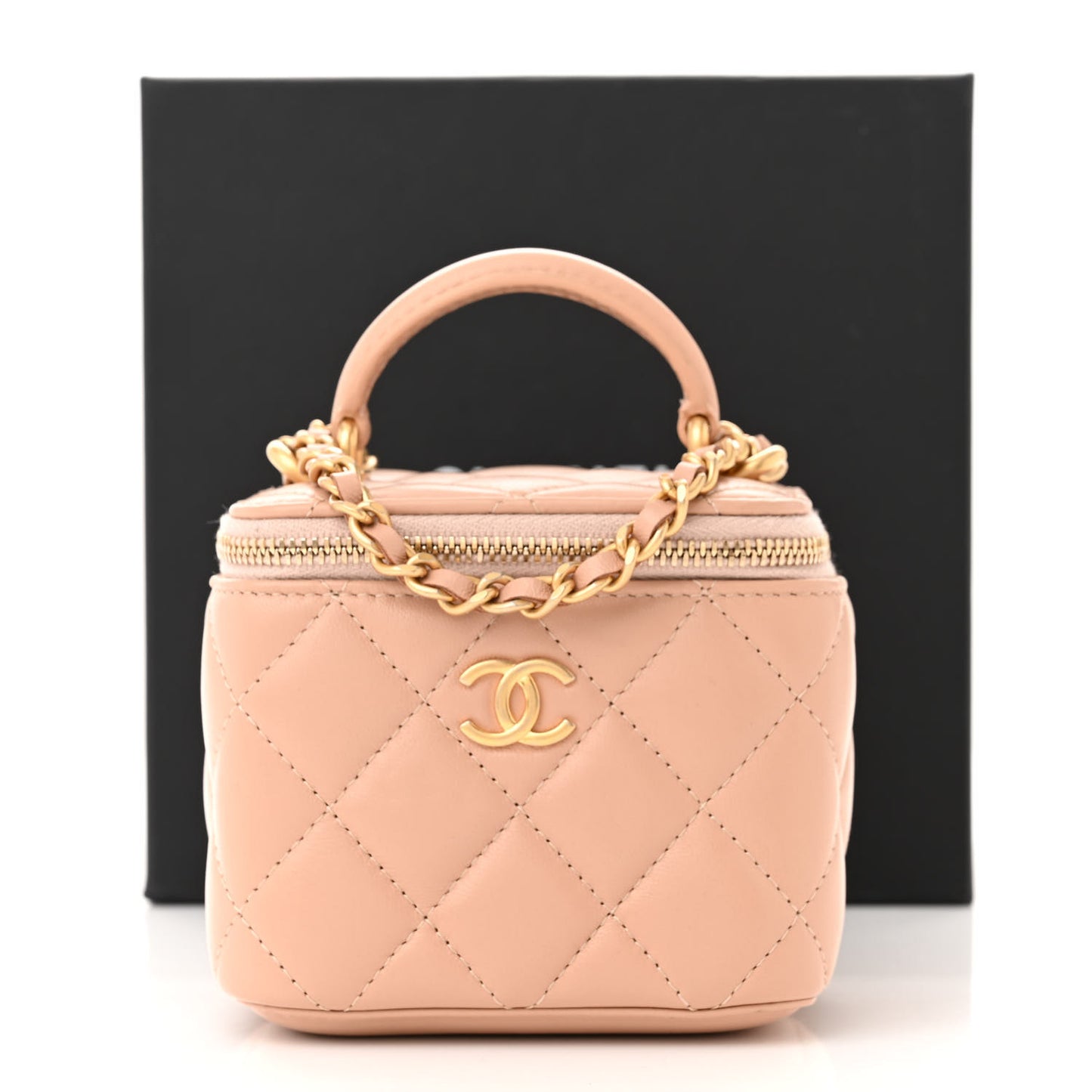 Lambskin Quilted Top Handle Mini Vanity Case With Chain Beige