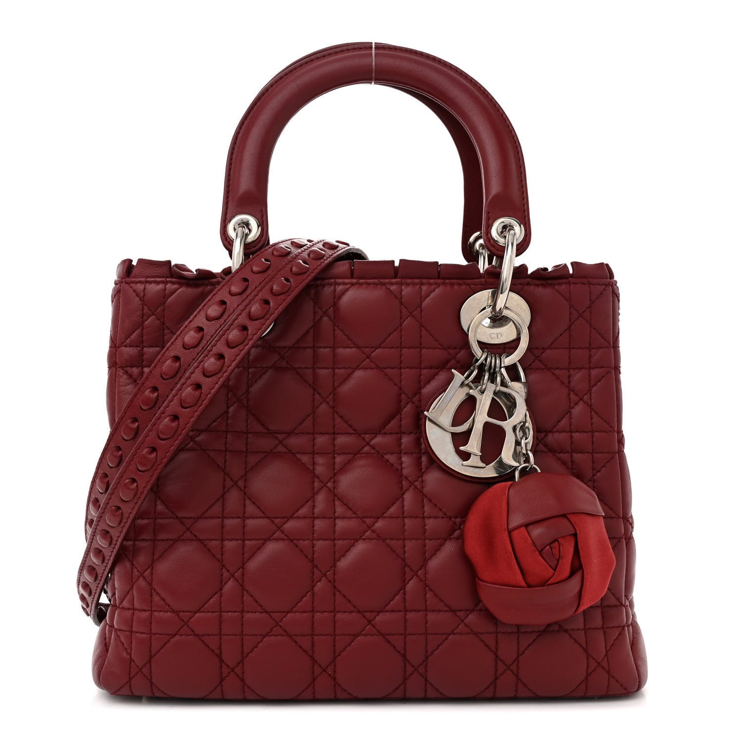 Lambskin Cannage Ruffle Trim Medium Lady Dior Burgundy