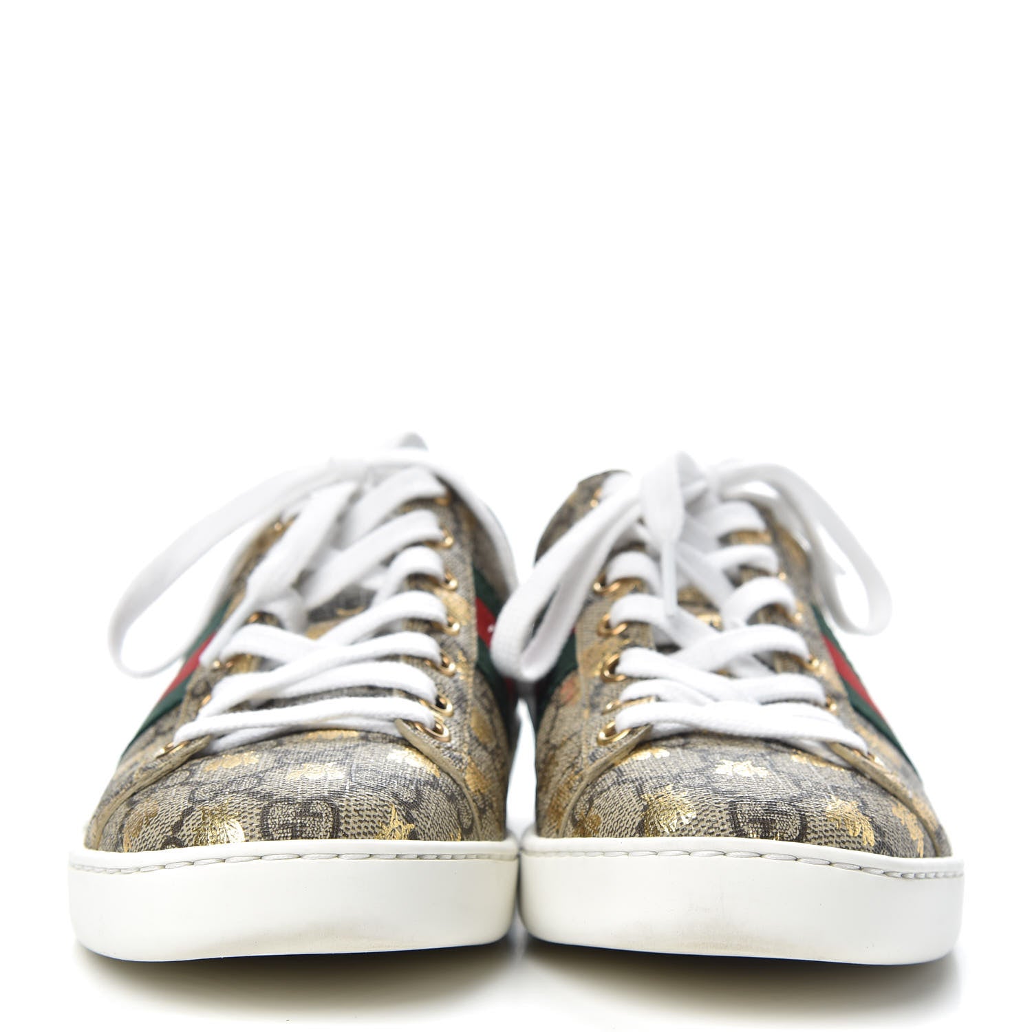 Gucci GG Supreme Monogram Bees Ayers Web Womens Ace Sneakers 37 Beige Oro Green Red 2 of 9