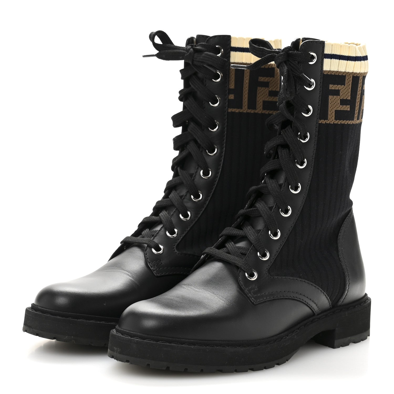Fendi Calfskin Stretch Fabric Rockoko Biker Boots 36 Tobacco Black Marino 4 of 11