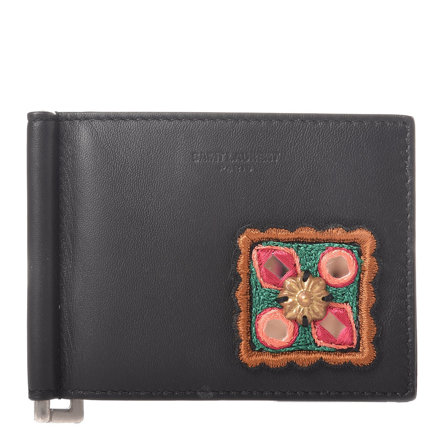 Saint Laurent Calfskin Embroidered Bill Clip Card Case Black 1 of 9