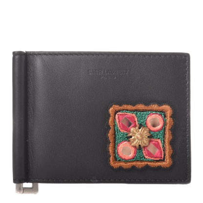 Saint Laurent Calfskin Embroidered Bill Clip Card Case Black 1 of 9