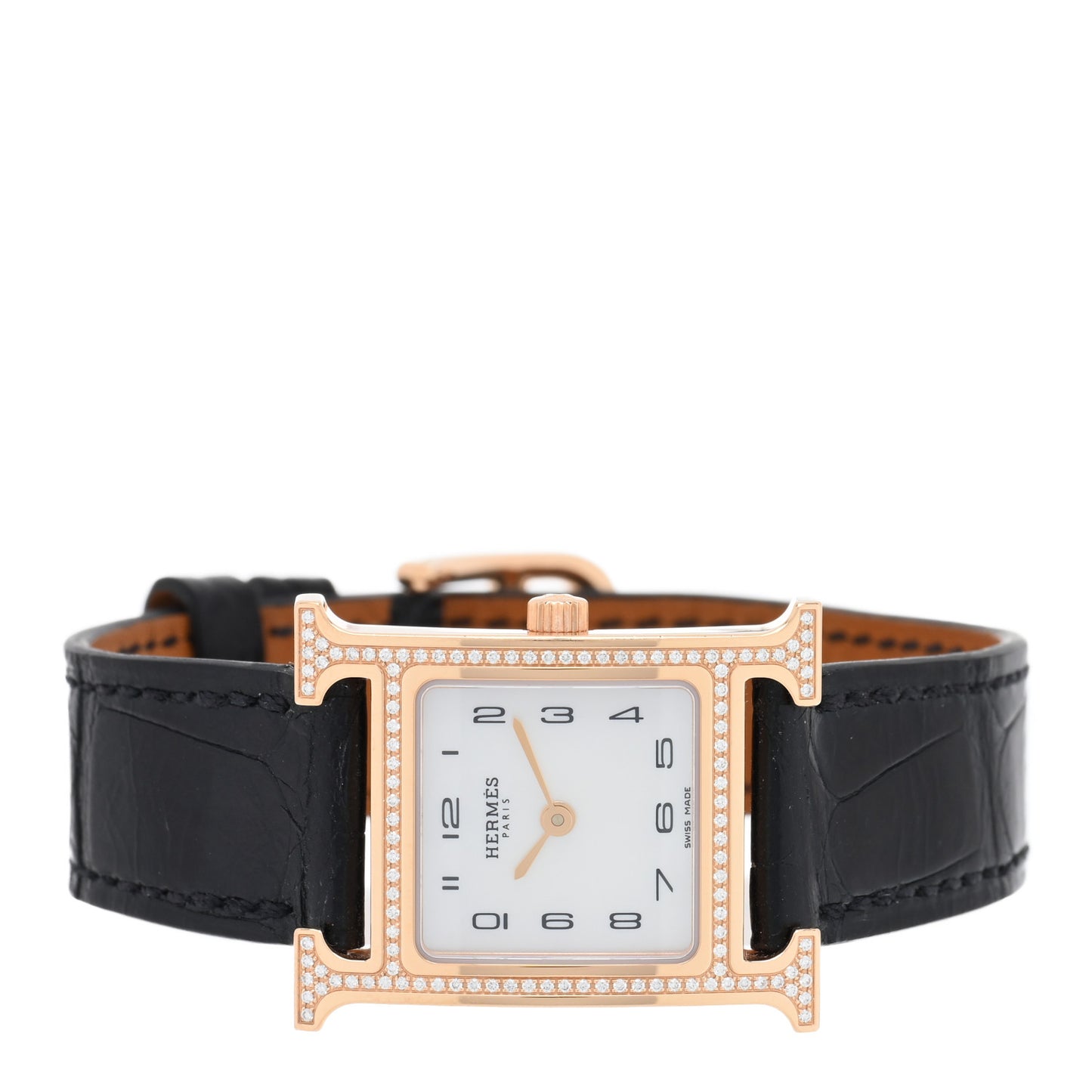 18K Rose Gold Alligator Diamond Bezel Mother of Pearl 21mm Heure H Hour Quartz Watch Noir