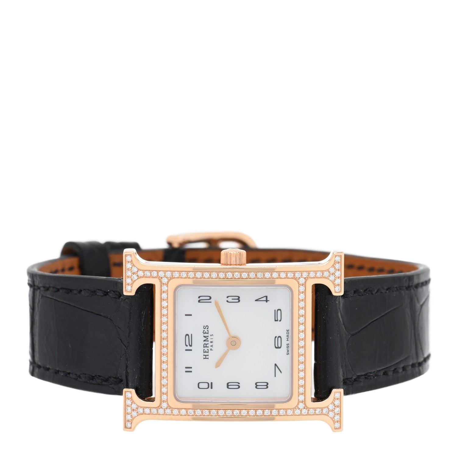 Hermes 18K Rose Gold Alligator Diamond Bezel Mother of Pearl 21mm Heure H Hour Quartz Watch Noir 2 of 5
