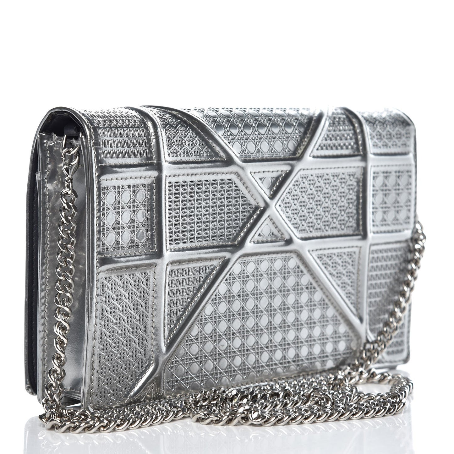 Metallic Patent Micro-Cannage Diorama Wallet on Chain Pouch Silver