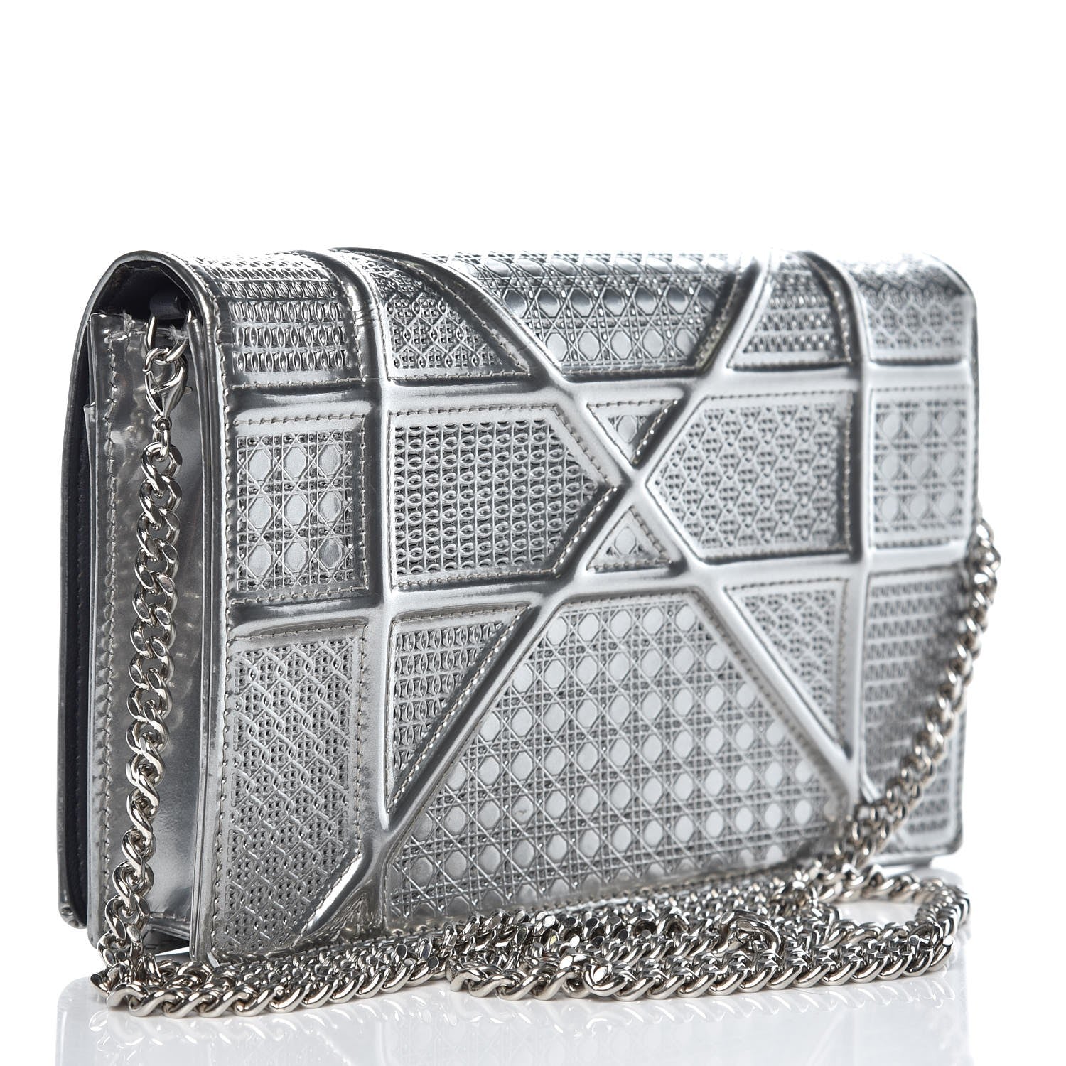 Christian Dior Metallic Patent Micro-Cannage Diorama Wallet on Chain Pouch Silver 3 of 11