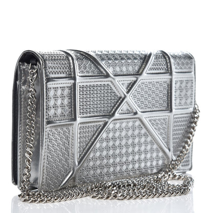 Christian Dior Metallic Patent Micro-Cannage Diorama Wallet on Chain Pouch Silver 3 of 11