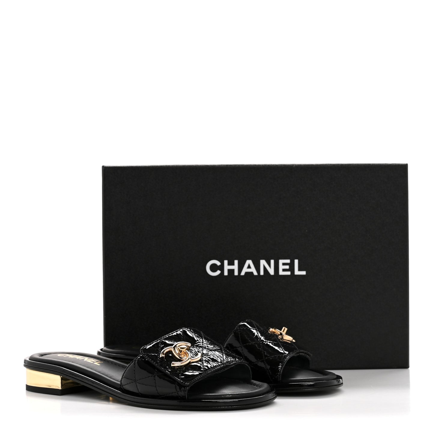 Patent Goatskin Quilted CC Mules Sandals 36 Black