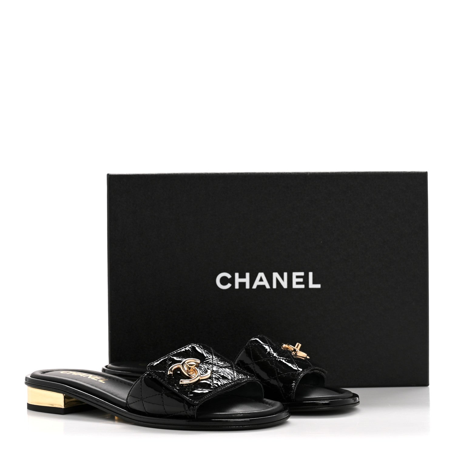Chanel Patent Goatskin Quilted CC Mules Sandals 36 Black 11 of 11
