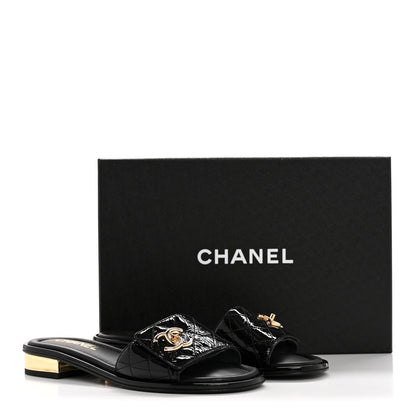 Chanel Patent Goatskin Quilted CC Mules Sandals 36 Black 11 of 11