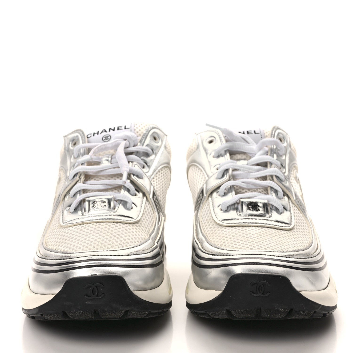 Chanel Fabric Laminated Calfskin Stretch CC Sneakers 40.5 White Silver 2 of 10