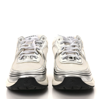 Chanel Fabric Laminated Calfskin Stretch CC Sneakers 40.5 White Silver 2 of 10