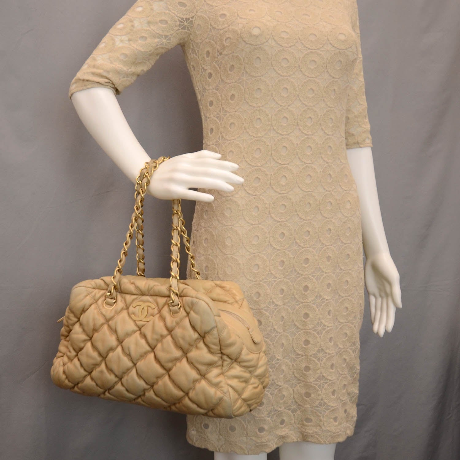 Chanel Lambskin Bubble Quilt Bowler Beige 2 of 12