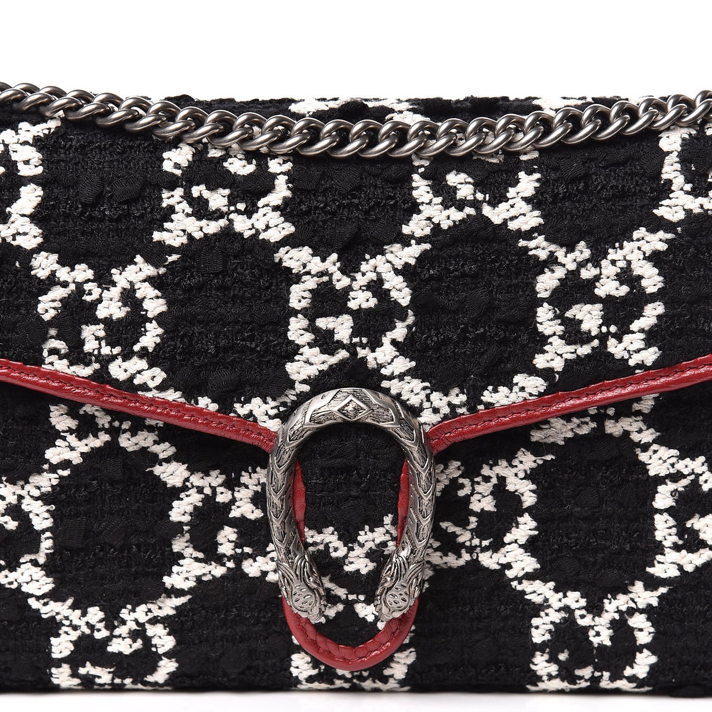 Tweed GG Monogram Mini Dionysus Chain Wallet Black White Romantic Cherry